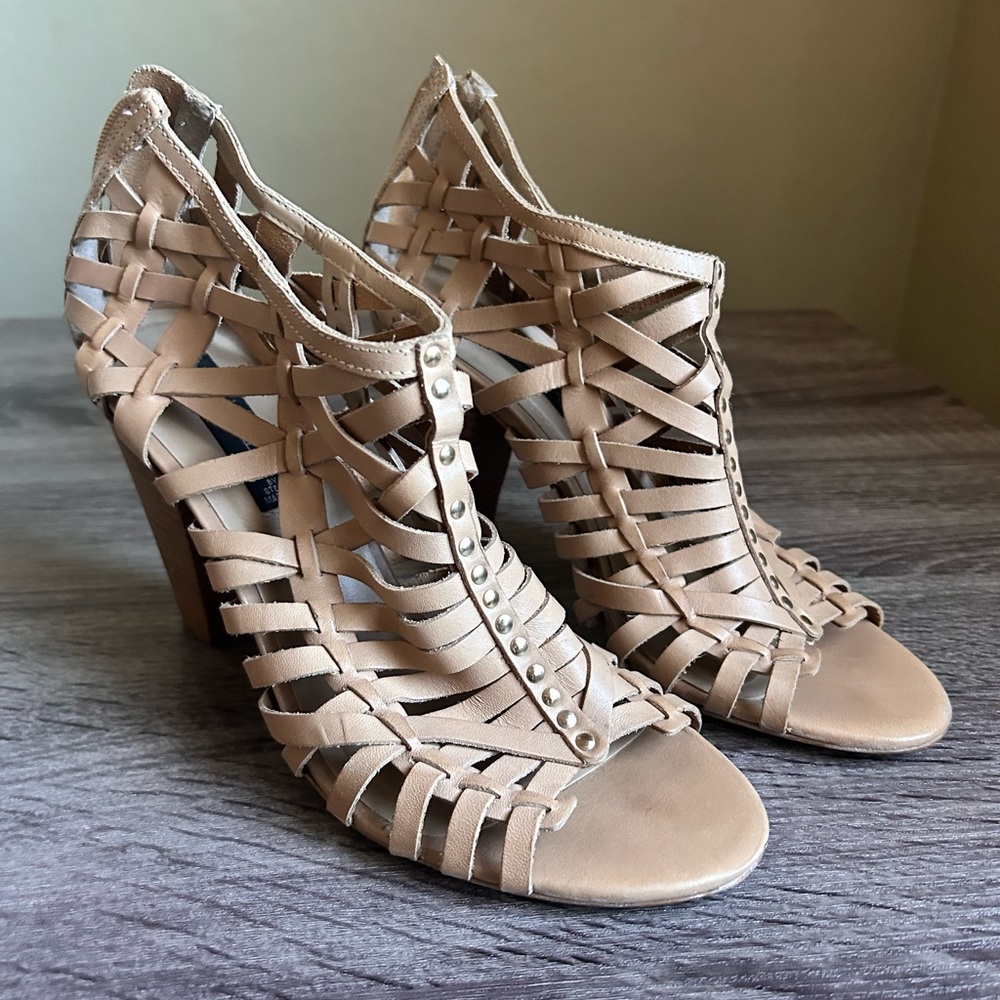 Steven by Steve Madden Milana Tan Leather Cage Heels with Gold Studs, Size 9